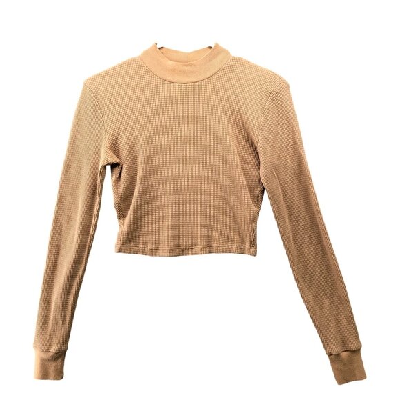 Aritzia TNA Waffle Knit Cropped Long Sleeve T Shirt Womens S Tan High Neck - Picture 1 of 10